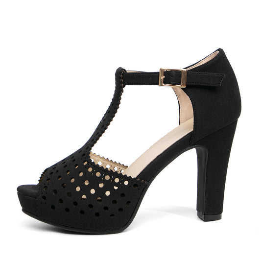 getmorebeauty Women's Vintage Heeled Sandals Suede Ankle T Straps Dress Block High Heel Sandals Women Shoes