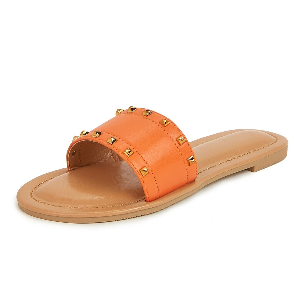 Flat Slide Sandals for Women Dressy Summer Studded Slip On Sandals