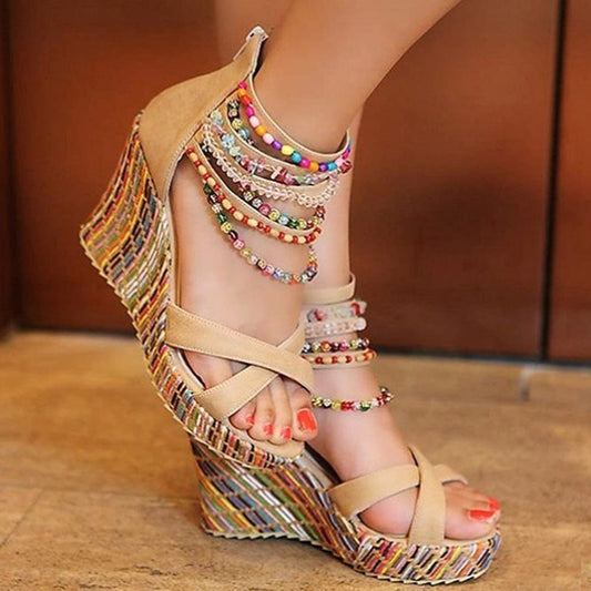 Women Wedge Sandals With Pearls Weave On Platform