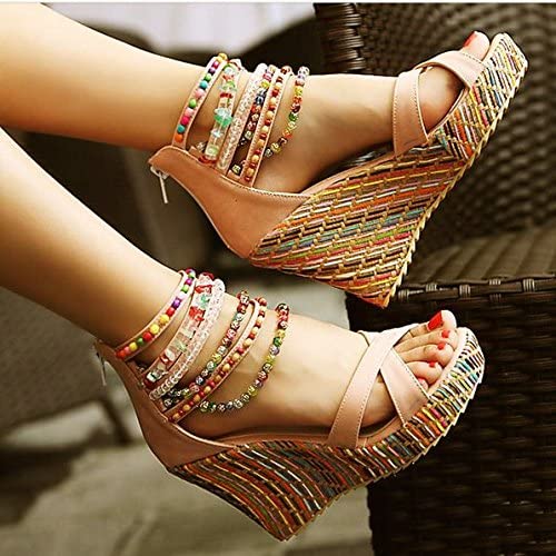 Bohemian Women's Wedge Sandals with Pearl Weave on Platform