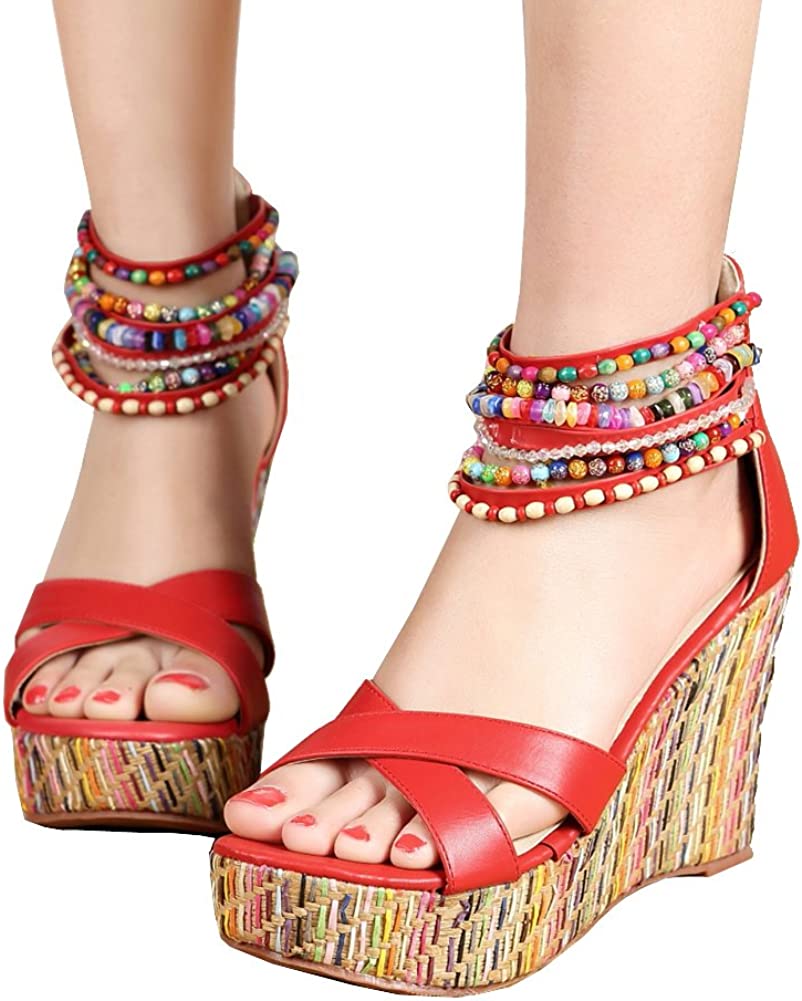 CAICJ98 Platform Sandals Sandals for Women Bohemian Flat Rhinestone  Comfortable Beaded Open Toe Elastic Back Summer Jewel Strappy Sandals,Purple  - Walmart.com