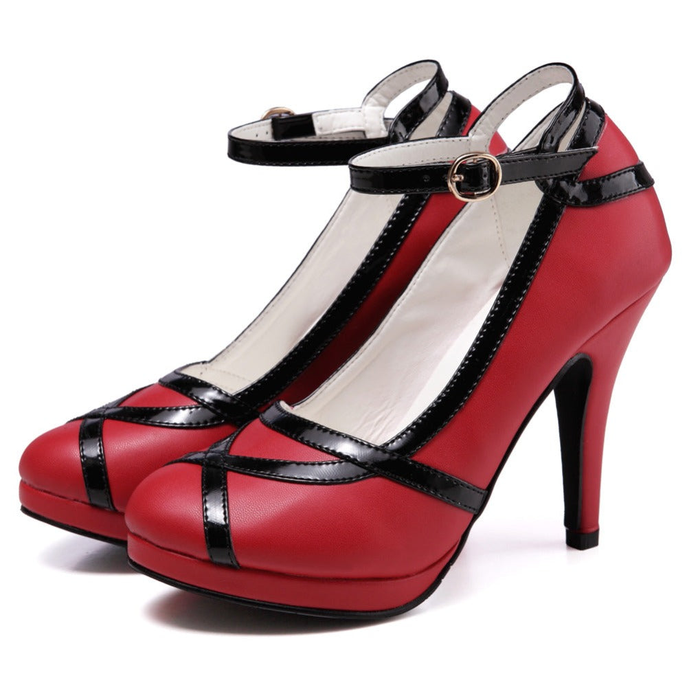 Retro Black And White Ankle Strappy Buckle Dress High Heels  getmorebeauty