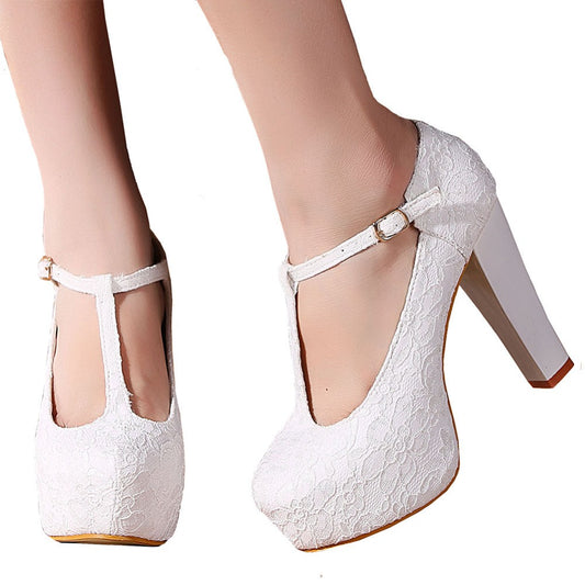 Women's T-Strappy Dress Mary Janes Lace Wedding Shoes High Heels