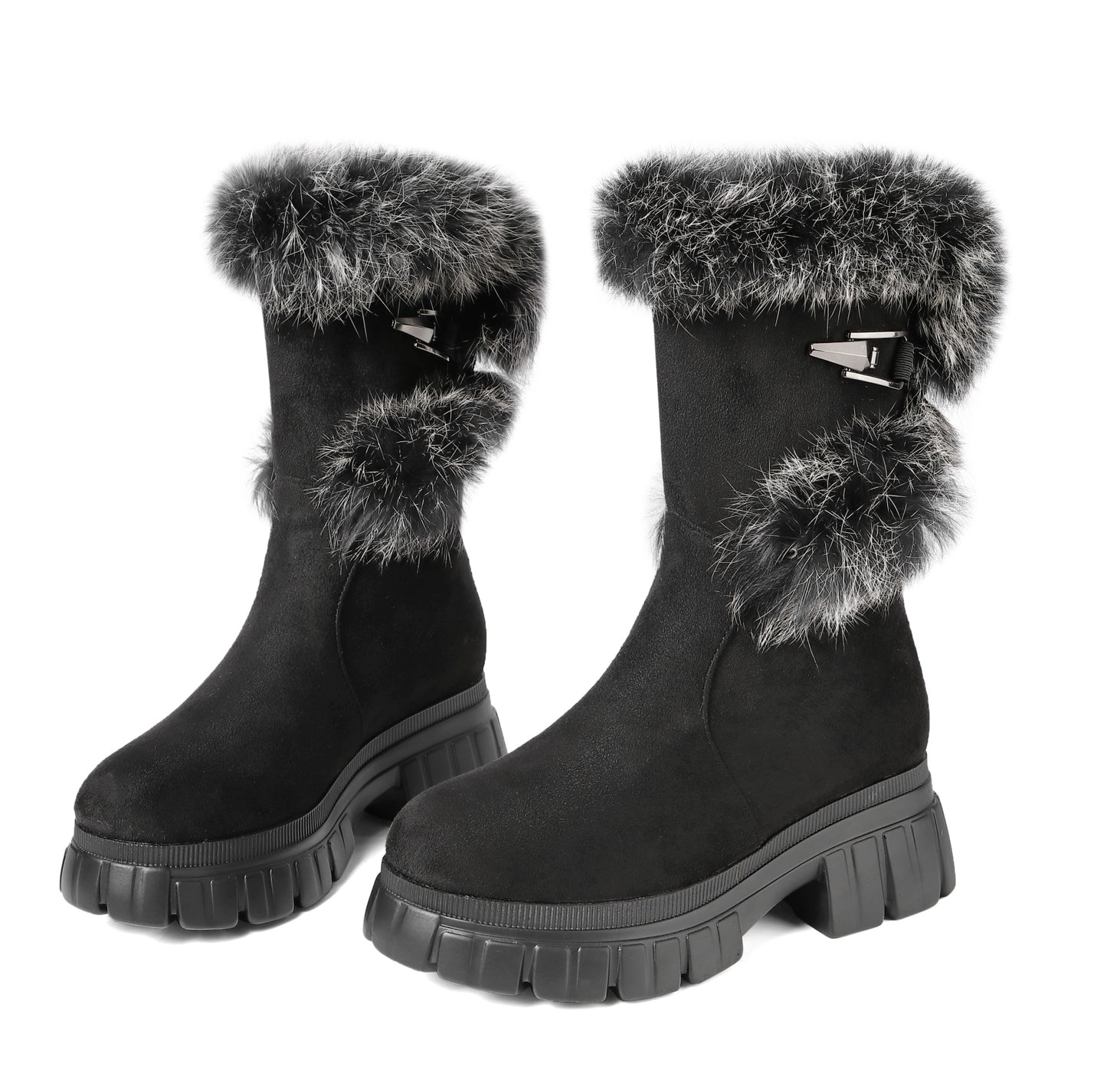 Women's Snow Ankle Boots With Genuine Rabbit Fur Sexy Furry Wedge mid calf Low Heel Winter Boots