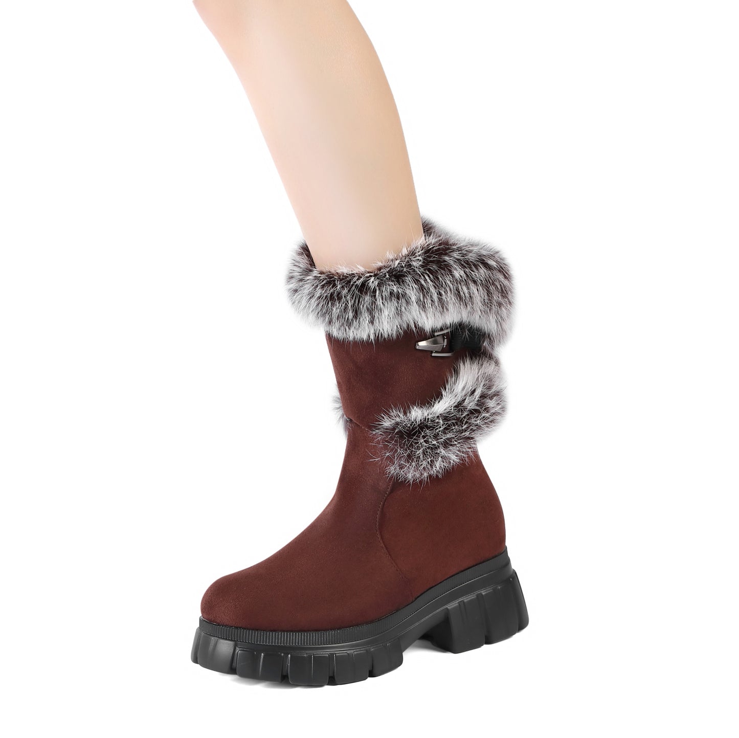 Women's Snow Ankle Boots With Genuine Rabbit Fur Sexy Furry Wedge mid calf Low Heel Winter Boots