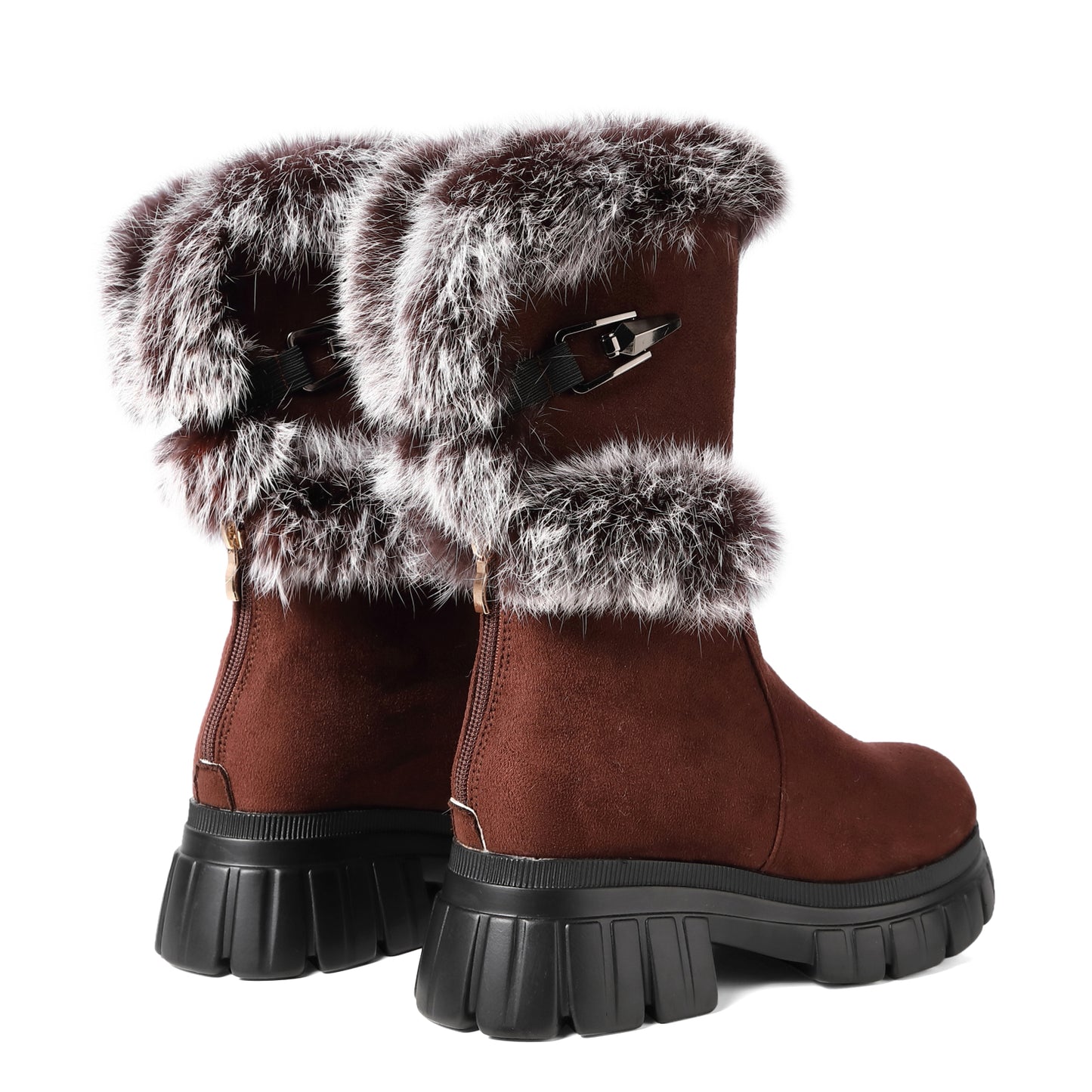 Women's Snow Ankle Boots With Genuine Rabbit Fur Sexy Furry Wedge mid calf Low Heel Winter Boots