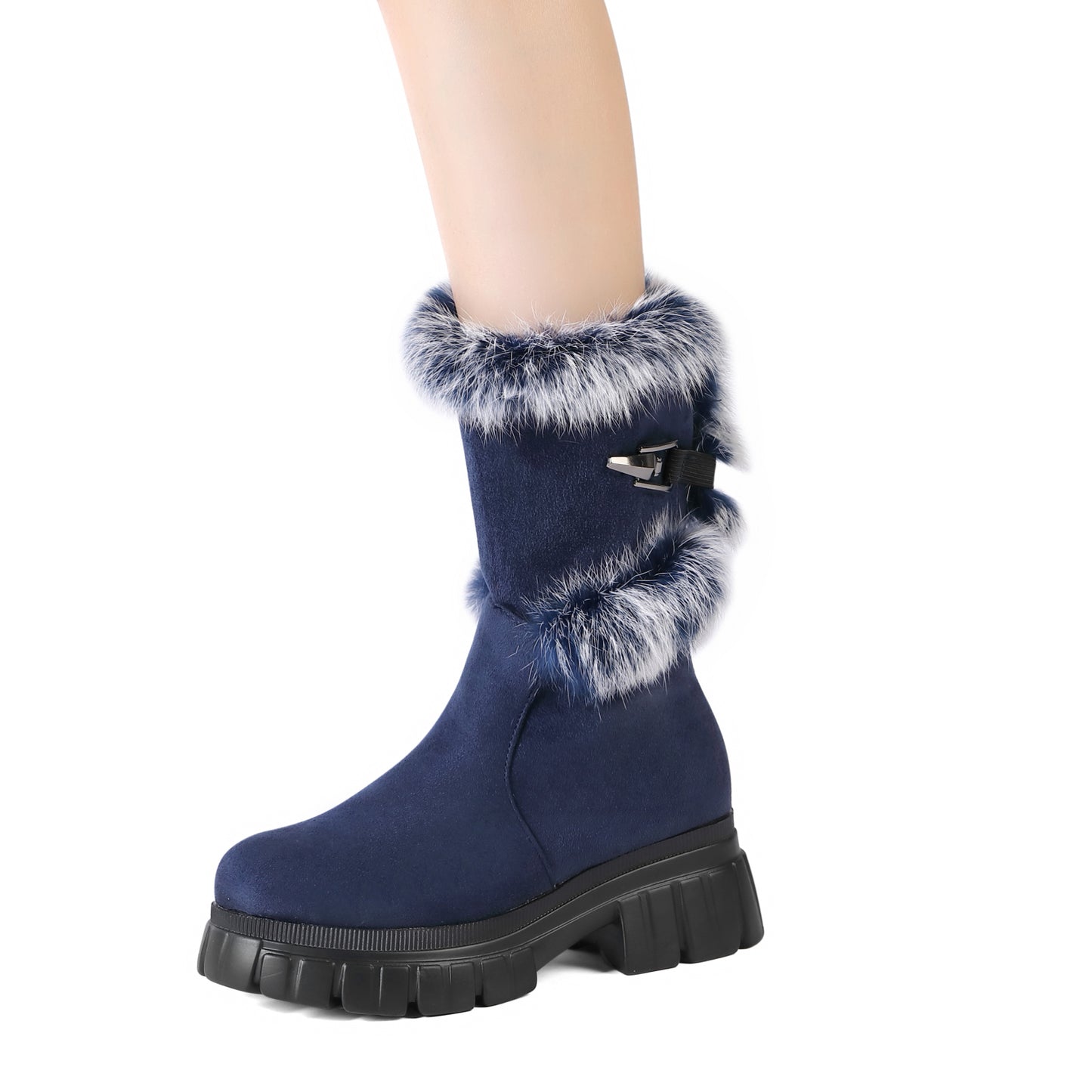 Women's Snow Ankle Boots With Genuine Rabbit Fur Sexy Furry Wedge mid calf Low Heel Winter Boots