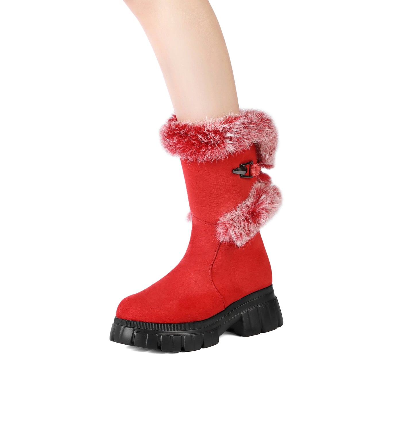 Women's Snow Ankle Boots With Genuine Rabbit Fur Sexy Furry Wedge mid calf Low Heel Winter Boots