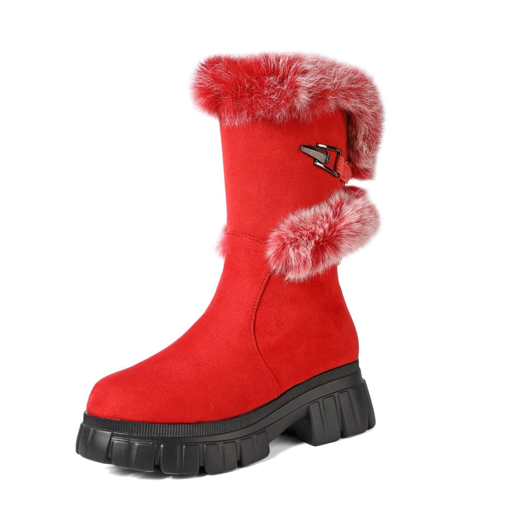 Women's Snow Ankle Boots With Genuine Rabbit Fur Sexy Furry Wedge mid calf Low Heel Winter Boots