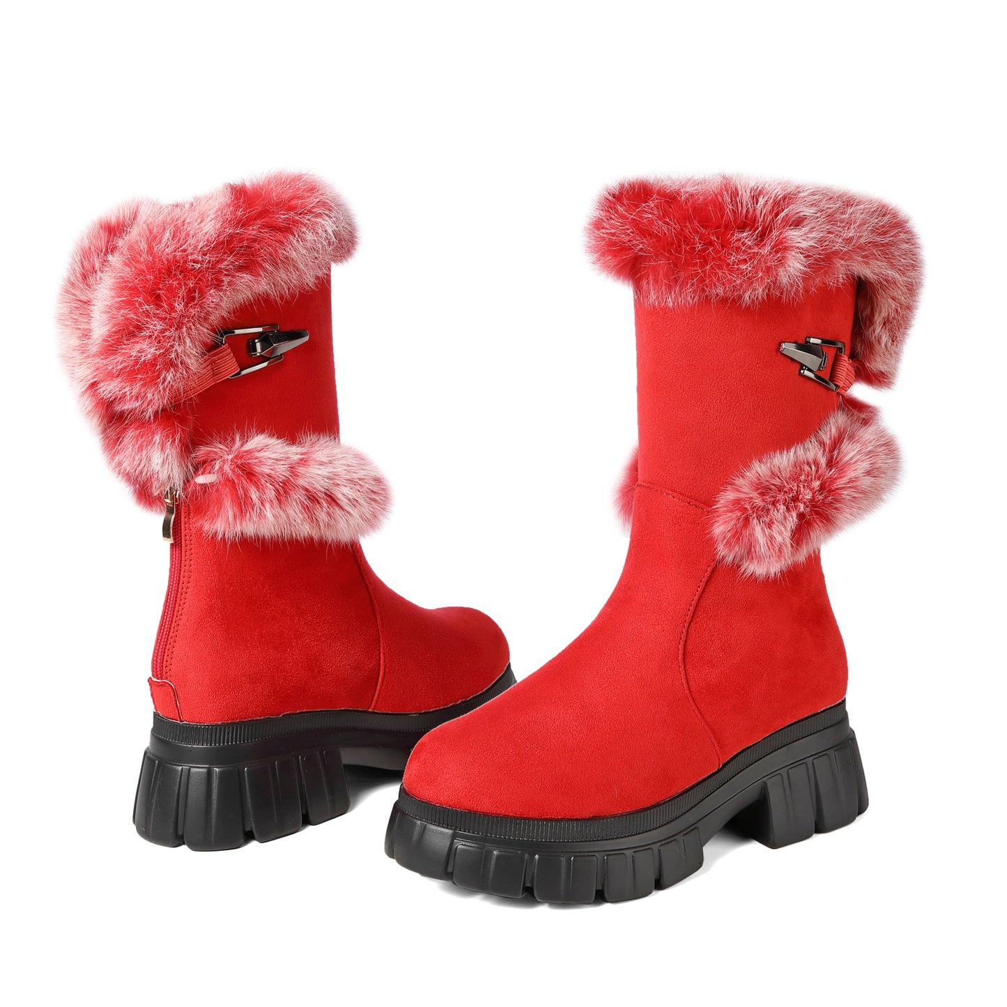 Women's Snow Ankle Boots With Genuine Rabbit Fur Sexy Furry Wedge mid calf Low Heel Winter Boots