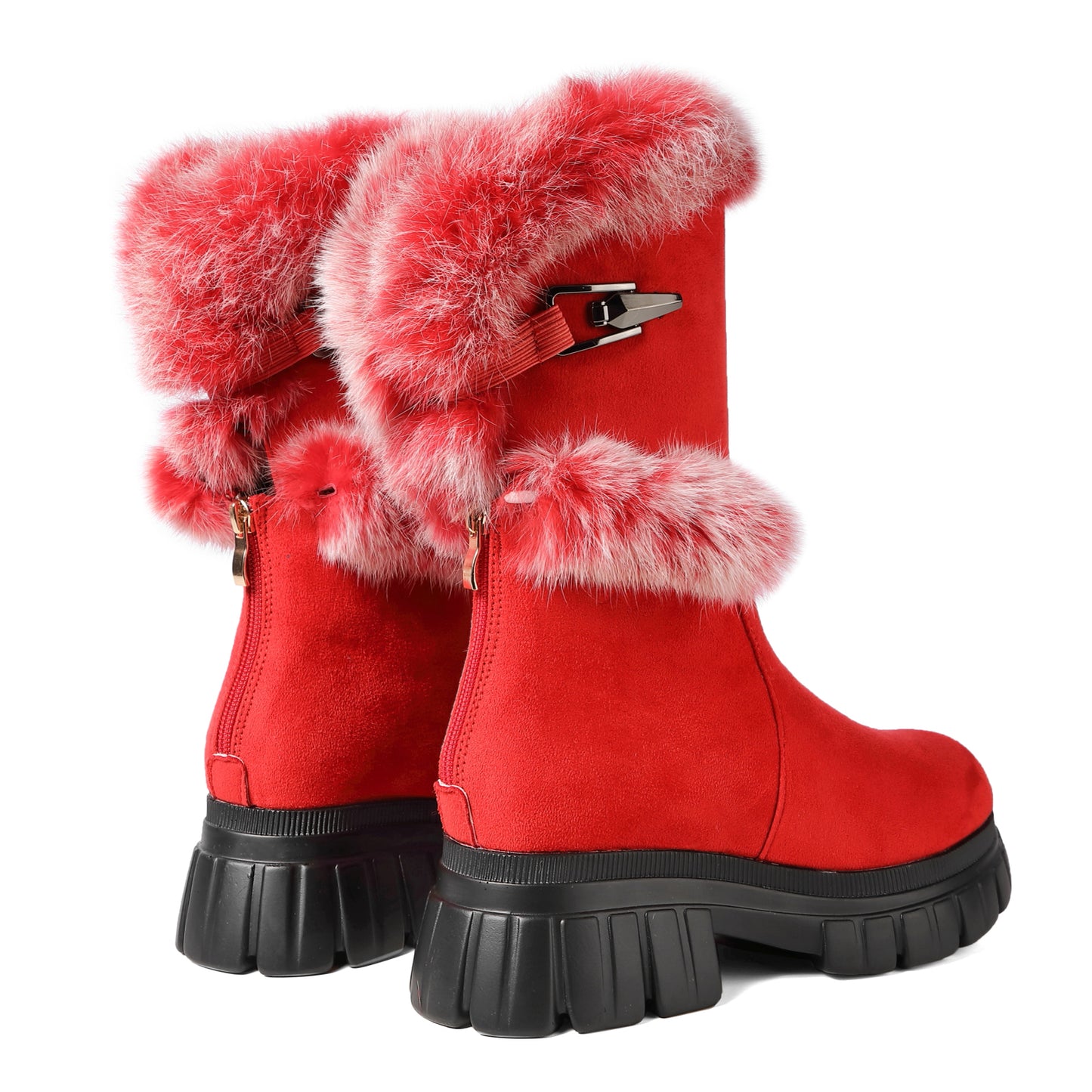 Women's Snow Ankle Boots With Genuine Rabbit Fur Sexy Furry Wedge mid calf Low Heel Winter Boots