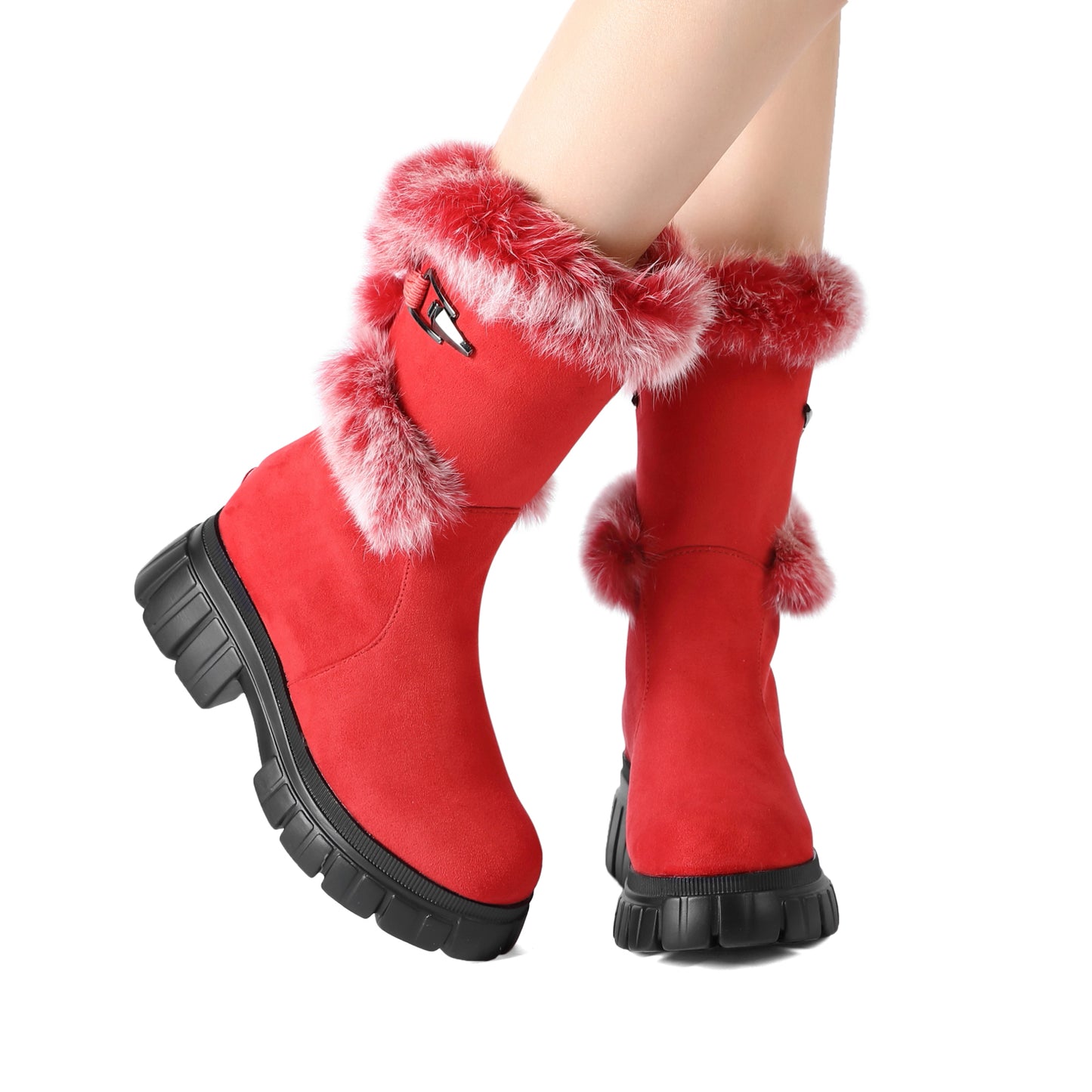 Women's Snow Ankle Boots with Genuine Rabbit Fur Sexy Furry Wedge Mid Calf Low Heel Winter Boots Black / 9