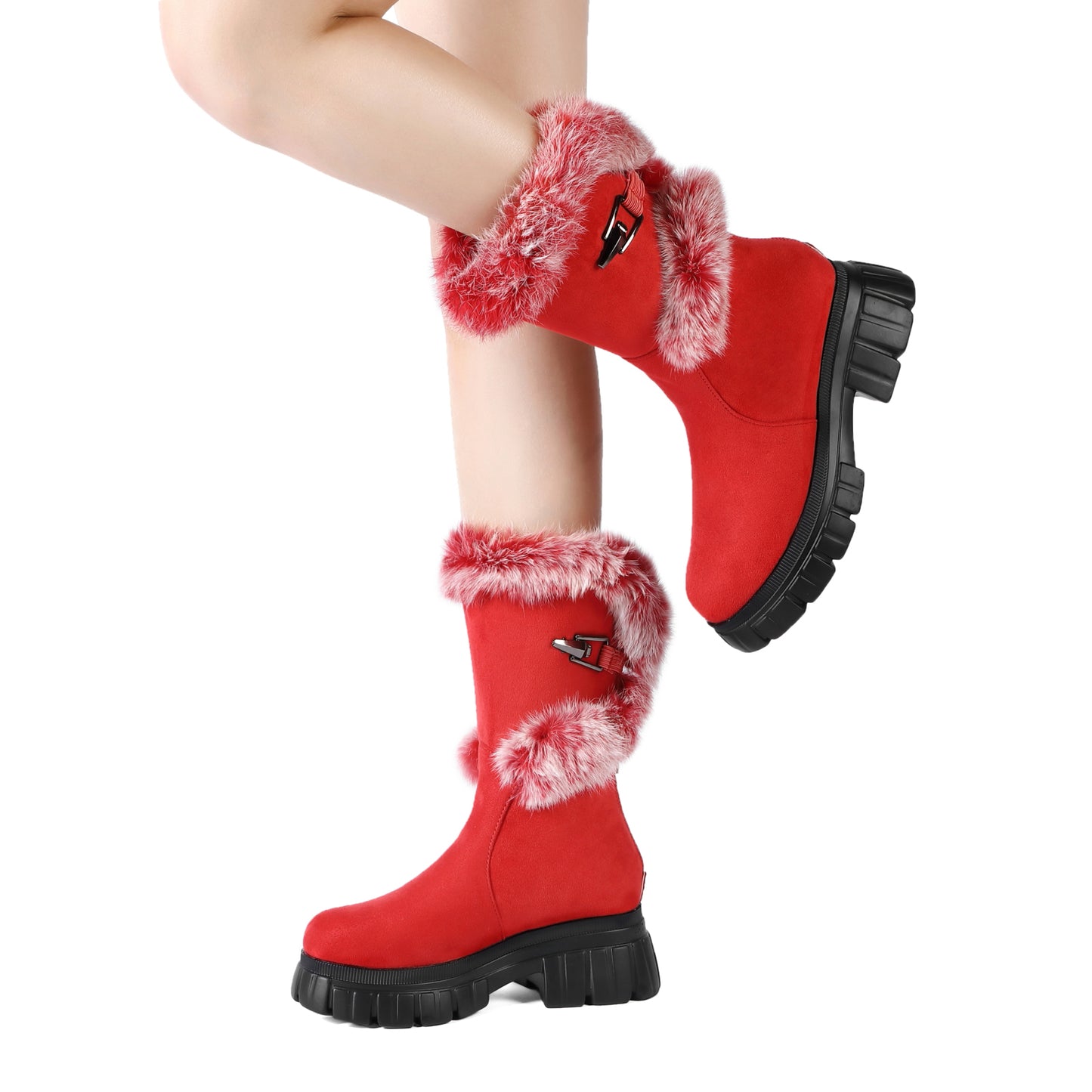 Women's Snow Ankle Boots With Genuine Rabbit Fur Sexy Furry Wedge mid calf Low Heel Winter Boots